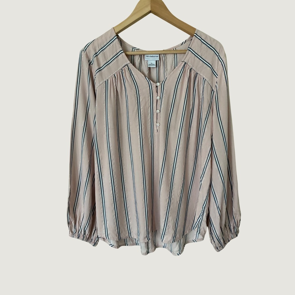 Liz Claiborne Pink Striped Metallic Henley Blouse XL Long Sleeve V-Neck Top chic
